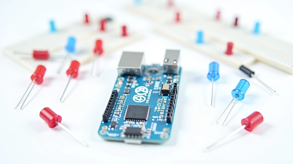 Arduino UNO kaart, LED-id, takistid ja jumper-juhtmed katseplaalil paigutatud