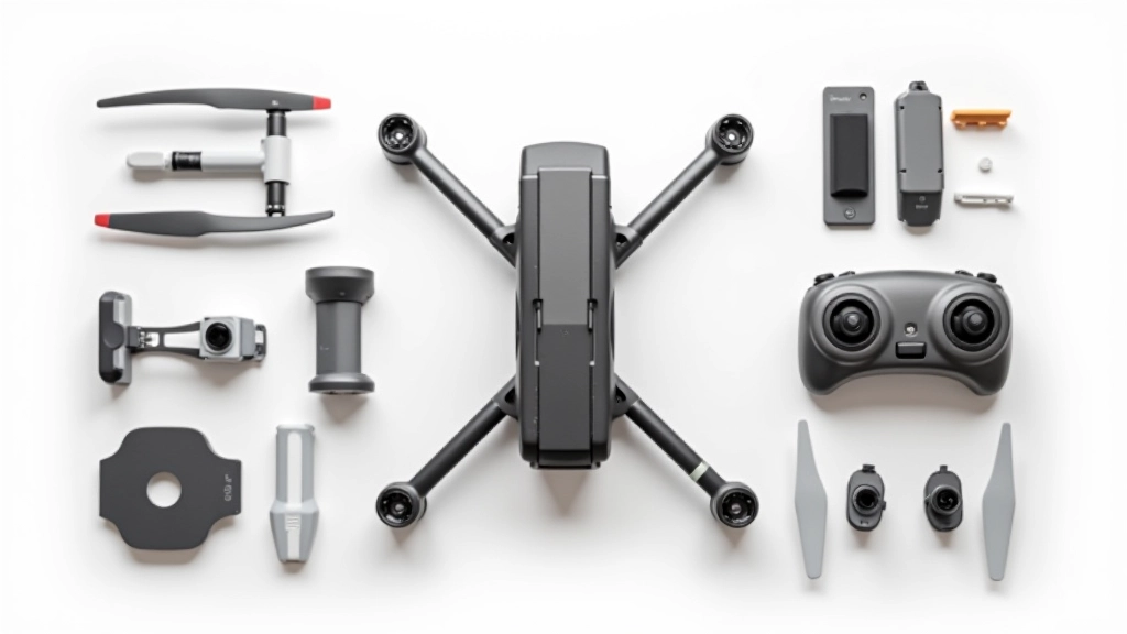 Lahti pandud droonikomplekt, kõik osad nähtaval laual, raam, mootorid, aku, kaamera ja juhtimine