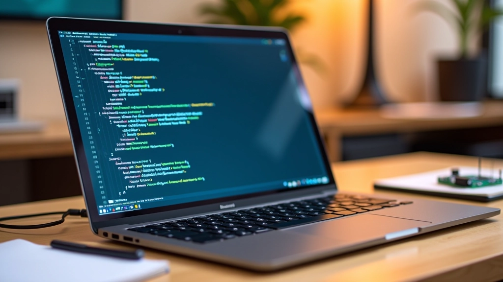 Sülearvuti kuvari Arduino programmeerimiskood nähtaval, koos mikrokontrolleriga töölaual ühendatuna USB kaabliga