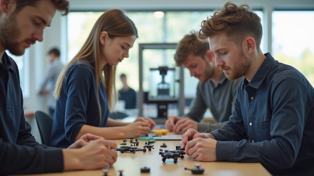 Noorte meeskond ühes TalTechi maker-ruumis, töötades 3D-printeriga ja juures oleva projektiga