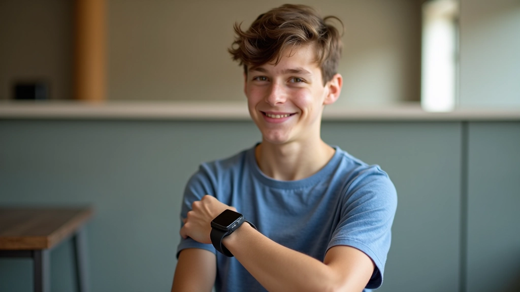 Noor isik käe peal kantavat seadet kandmas, näidates valmis nutikella või fitness-jälgijat, näo on näha naerusuust ja rahulolust