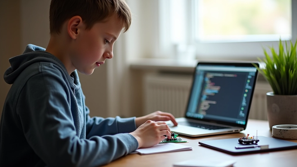 Noor inimene istub töölaual Arduino projektiga, koodiekraani ja katseplaaliga, naerates